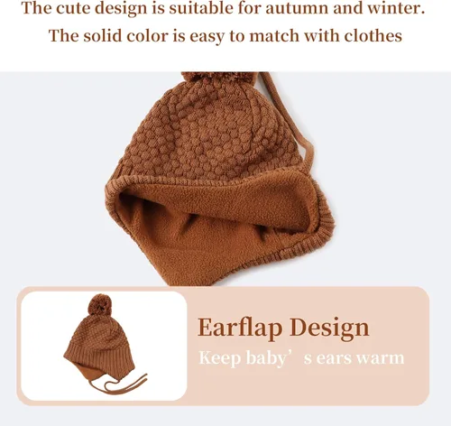 Vista 3 de Sombrero de invierno para bebé niña con forro de lana para niños pequeños, gorro de punto con orejeras con pompón, de 0 a 8 años 3 unidades-A.