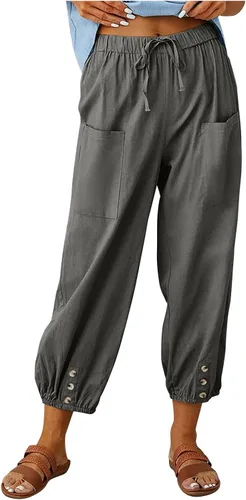 Vista 17 de Pantalones capri de cintura alta con cordón y botón de algodón suelto casual con bolsillos para mujer