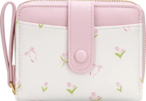 Vista 13 de BIAOTIE - Cartera para mujer con flores bonitas, con bloqueo RFID, tarjetero para tarjetas de crédito, monedero pequeño de dos pliegues