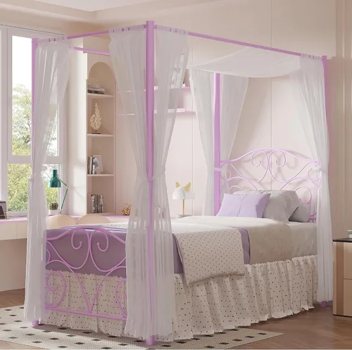Vista 10 de VECELO Base de cama con dosel de metal, tamaño individual, base de colchón con plataforma de 4 pósteres con cabecero, soporte de listones de acero