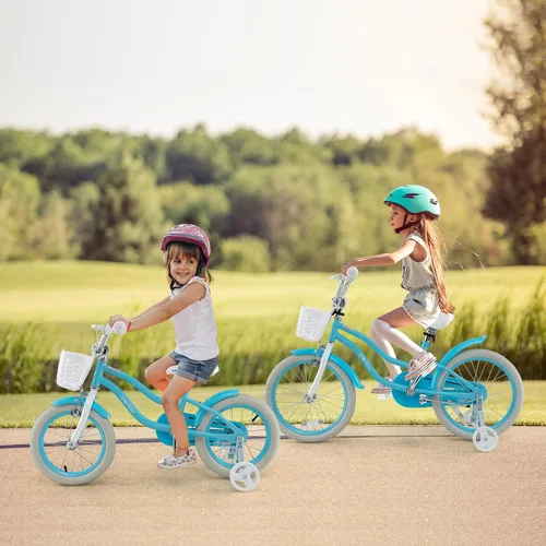 Vista 8 de BABY JOY Bicicleta infantil, 12 14 16 18 20 pulgadas, para niños y niñas, con asiento ajustable, cesta removible, freno de mano y freno