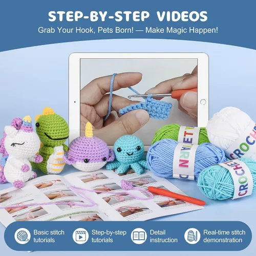 Vista 3 de MINGOMINGO Kit de ganchillo para principiantes y niños, 6 animales amigurumi, juego de regalo de manualidades para el día de la madre, tutoriales