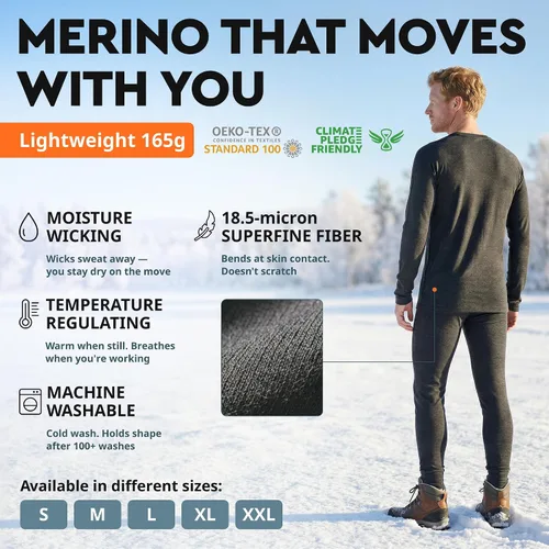 Vista 2 de MERINNOVATION Merino Wool Base Layer Set for Men 100% Merino Wool Pajamas Set Thermal Sleep PJS Lite - Midweight Top, Bottom . Carbón 165