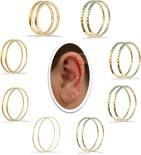 Vista 8 de Aretes de aro de oro de plata – Aretes de aro para mujer, dos piezas de aros de plata fina rellenos de oro, aro de hélice, anillo de tragus, aro
