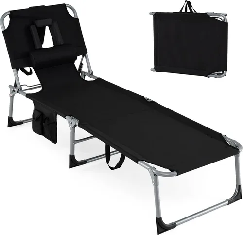 Vista 18 de Goplus Silla bronceadora, silla plegable ajustable para patio con orificio para la cara, almohada extraíble, 330 libras, correa de transporte, silla