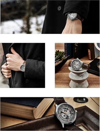 Vista 4 de Stuhrling Original Men's Automatic Skeleton Dress Watch Genuine Leather Band with self Winding Mechanical Movement