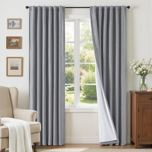 Vista 21 de Cortinas opacas completas de 63 pulgadas de largo para dormitorio, cortinas texturizadas de lino beige con forro con aislamiento térmico, cortinas