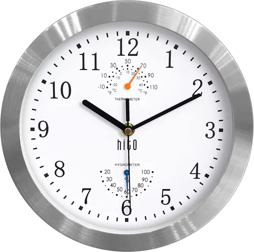Vista 37 de HITO Reloj de pared silencioso de 10 pulgadas, funciona con pilas, sin tictac, cubierta de vidrio, marco de aluminio plateado, para decoración