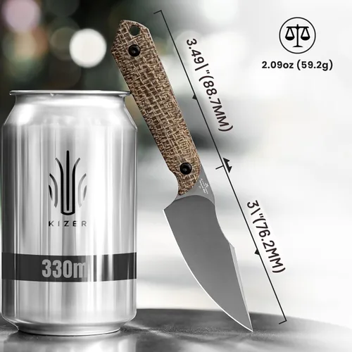 Vista 5 de Kizer Mini Harpoon Cuchillo de hoja fija con funda, cuchillo de caza de hoja de 3 V con mango de micarta, cuchillos pequeños EDC de hoja fija
