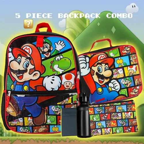 Vista 5 de Bioworld Nintendo Backpack Super Mario 5 PC Shimmer Character 16" Lunch Box Combo Set