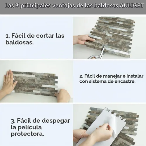 Vista 7 de AULIGET 20 hojas de pizarra beige y marrón para despegar y pegar, azulejos de pared de metal mixto de PVC plateado para salpicaduras para cocina