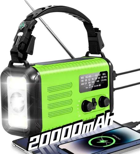 Vista 11 de Radio de emergencia de manivela, radio meteorológica de manivela solar de 20000 mAh / 74000 mWh con NOAA/AM/FM, radio alimentada por batería