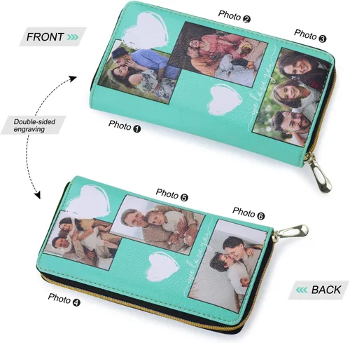 Vista 2 de Gemszoo Cartera de fotos personalizada para mujer, con nombre grabado y nombre, larga para tarjetas de crédito, con cremallera alrededor