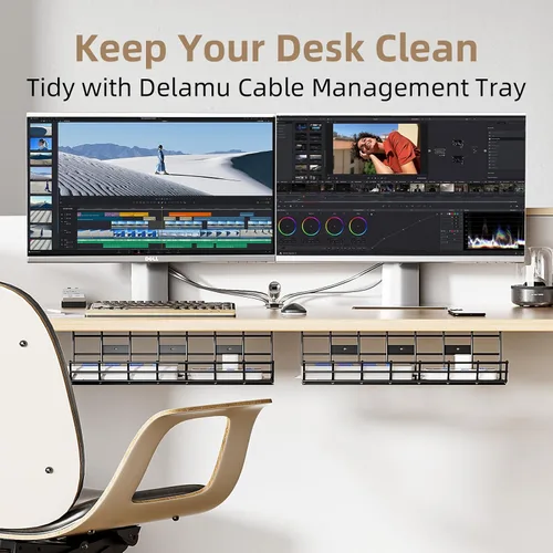 Vista 2 de Delamu - Paquete de 2 bandejas de gestión de cables para debajo del escritorio, organizador de cables de metal grande, organizador de cables