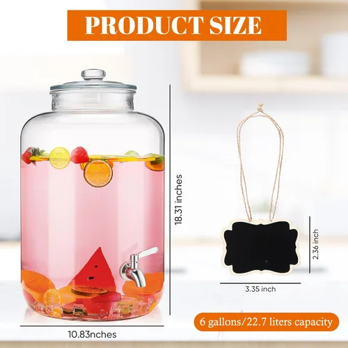 Vista 2 de Baderke Dispensador de bebidas de vidrio de 6 galones para fiestas, dispensador de agua de vidrio con espiga de acero inoxidable 18/8 a prueba