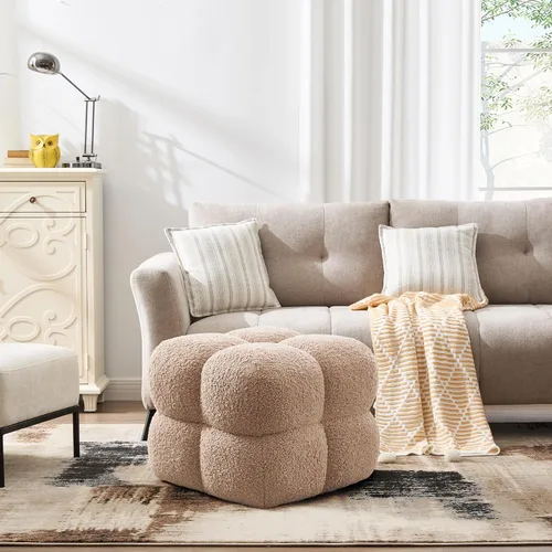 Vista 7 de Taburete otomano cuadrado, mesa de centro otomana Boucle con cobertura completa, taburete de tocador moderno, puf tapizado con reposapiés para Beige