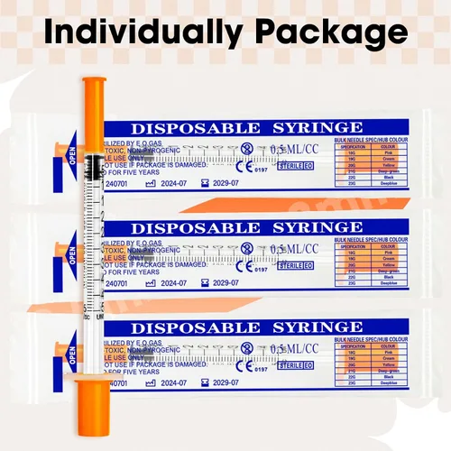 Vista 6 de Jeringa de 0.5 ml con tapa, 29G 1/2" 13mm 1/2cc, jeringas desechables en paquete individual, paquete de 20 Paquete individual desechable