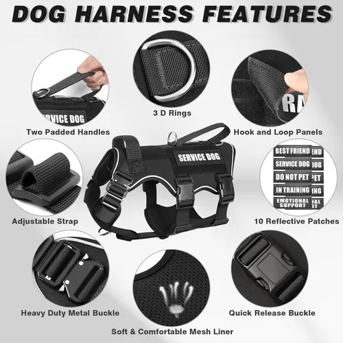 Vista 9 de Juego de chaleco y correa táctico para perro de servicio, arnés resistente con hebillas de metal para perros de tamaño mediano, chaleco ajustable
