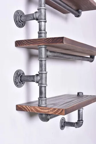 Vista 5 de Estantería de tubo industrial Pipe, madera moderna rústica, 3 estantes de pared de tubos escalonados, tubo de hierro forjado, estantería de diseño
