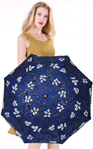 Vista 46 de Honeystore Sombrilla bordada con flor 3D plegable UV con encaje clásico