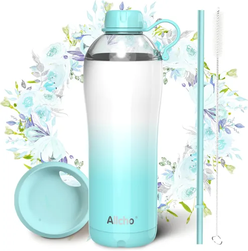 Vista 26 de Bow - Botella de agua aislada para mujeres, botellas de agua de acero inoxidable de 18 oz, de doble pared, 2 tapas (para beber y vaso) - Hidrata