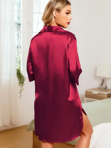 Vista 5 de Samring Camisón de seda para mujer, manga 34, con botones, camisola de satén para dormir