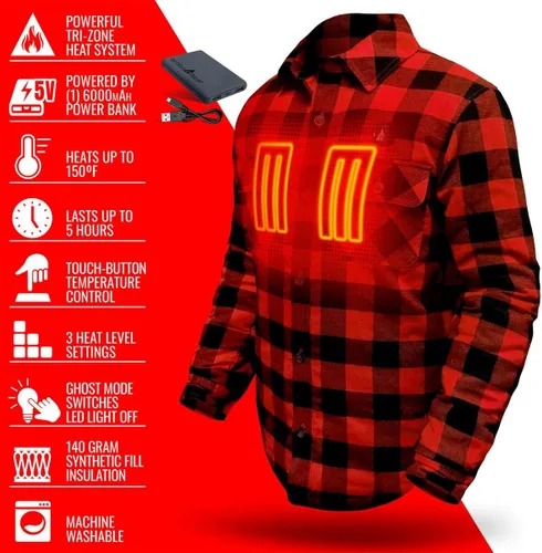 Vista 5 de ActionHeat Camisa de franela calentada con batería de 5 V - Sistema de calefacción de tres zonas, 3 ajustes de calor, paneles de calefacción