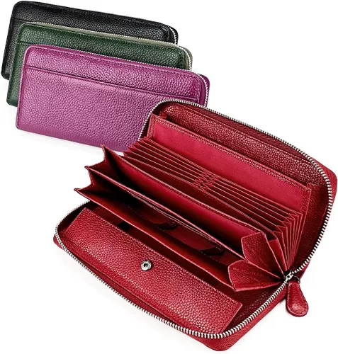 Vista 5 de Cartera para mujer con bloqueo RFID, de piel auténtica, con cremallera alrededor, cartera de mano, cartera de mano, cartera larga de viaje