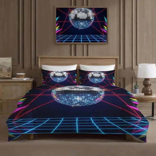 Vista 2 de Retro Disco Ball Duvet Cover Twin Size - Synthwave Neon Grid Bedding Set & Bedroom Decor, 2 Piece, Soft Microfiber Reversible Comforter Cover & 1