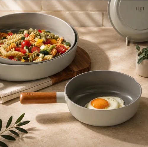 Vista 8 de Neoflam FIKA - Sartén para wok pequeña con revestimiento de cerámica de 7 pulgadas de profundidad, antiadherente con mango de madera natural