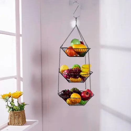 Vista 8 de JUNCHU CHERRY Cesta colgante de frutas de 3 niveles, 2 paquetes, almacenamiento para colgar en la pared, cesta de organización de cocina y baño