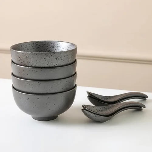 Vista 2 de Stone + Lain Valencia - Juego de 8 cuencos redondos y cucharas de porcelana, color gris metálico