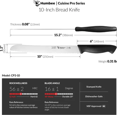 Vista 4 de Cuisine Pro - Cuchillo de pan dentado de 10 pulgadas, acero inoxidable de alta calidad, con borde ondulado, cuchillo de hoja afilada para pan, apto