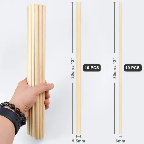 Vista 2 de 20 varillas de madera para manualidades, palos de madera natural sin terminar de 1/4 pulgadas / 2/5 pulgadas x 12 pulgadas
