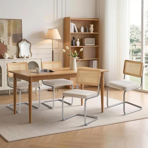 Vista 14 de Upholstered Velvet Dining Chairs Set of 2, Mid Century Modern Armless Upholstered Dining Chair with Rattan Back Stainless Chrome Frame for Dining