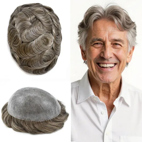 Vista 312 de Toupee para hombre 100% cabello humano real tupé para hombres 0.004 in piel de poliuretano para hombre, sistema de reemplazo de piezas de pelo