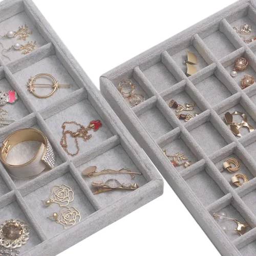 Vista 3 de DIOMMELL Juego de 4 bandejas apilables de terciopelo para joyas, caja de almacenamiento de exhibición, soporte para aparador, cajón organizador