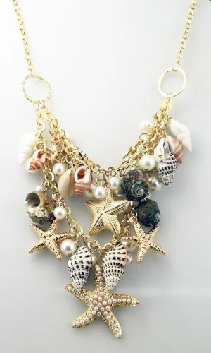 Vista 4 de Nueva caliente Chunky Sea Shell Estrella de mar perla sintética oro Declaración CollarPulsera Jewelry Set (wp-f257)