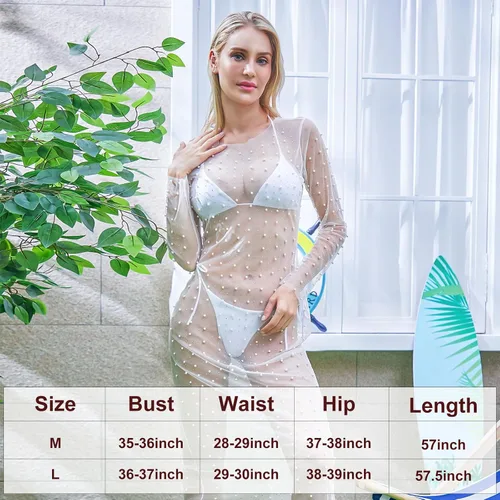 Vista 4 de Women's Sheer Mesh Pearl Rhinestone Cover Up Dress Summer See Through Swimwear Bikini Bathing Suit Coverups Beachwear