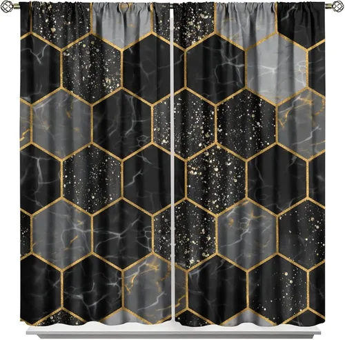 Vista 95 de Cortinas Negras con Dobladillo Dorado, Cortinas Opacas con Bolsillo para Barra con Estampado de Rayas de Foil en Onda Dorada para Decoración de Negro