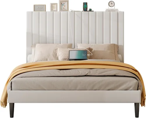Vista 7 de LUXOAK Base de cama tamaño Queen tapizada en terciopelo con estación de carga, soporte de listones de madera, base de colchón, somier opcional