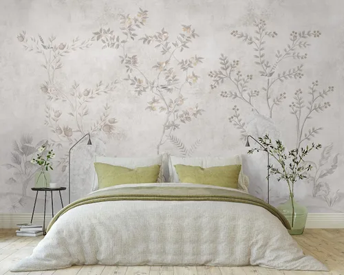 Vista 4 de Murwall Bright Chinoiserie Wallpaper Peacock Birds with Fruit Trees Wall Mural Monochrome Chinese Wallpaper