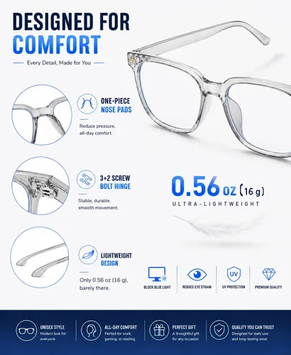 Vista 4 de PANNER Gafas cuadradas de gran tamaño con bloqueo de luz azul antideslumbrante para computadora Gris