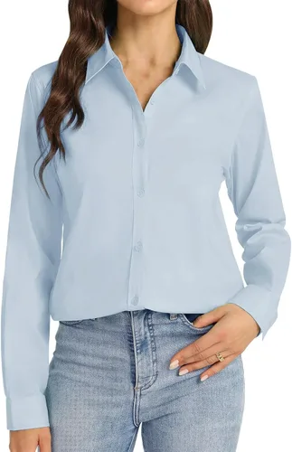 Vista 9 de Camisas de vestir para mujer, de manga larga, con botones, formales, sin arrugas, lisas, para trabajo, negocios, oficina, tops básicos