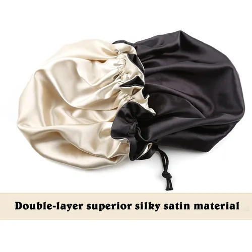 Vista 5 de Gorro de satén para mujer, gorro de dormir grande para cabello largo y rizado, gorra de noche ajustable (doble capa negro/champán)