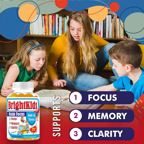 Vista 2 de BrightKids Gomitas Focus para niños y adolescentes – Gomitas cerebrales para memoria y concentración, vitaminas cerebrales Omega 3 DHA para niños