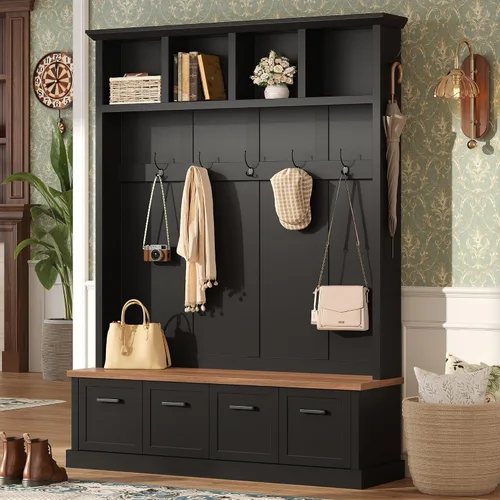 Vista 34 de JIVOIT Farmhouse Wood Hall Tree with Coat Hooks, Cabinets, 4 Drawers, Hooks (Ancient White/ 091)