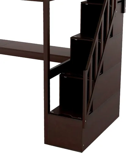Vista 8 de Cama individual con escalera de 3 almacenajes y escritorio integrado, marco de cama de madera maciza que ahorra espacio para niños, niñas