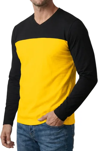 Vista 3 de Decrum Camiseta de manga larga para hombre, suave, cómoda, con mangas completas, dos tonos, cuello en V para hombre