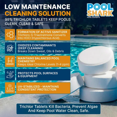 Vista 4 de Tabletas de cloro para piscina Pool Shark - Tabletas de cloro de 3 pulgadas - Tabletas de cloro activo al 90% de disolución lenta - Productos